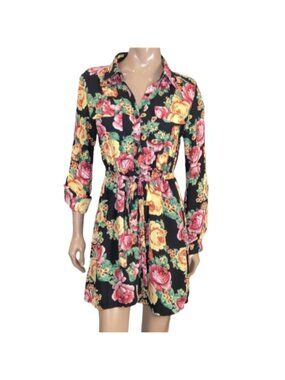 💠Seductions by Sirens Floral Belted Shirt Dress Black Yellow Womens Size Medium